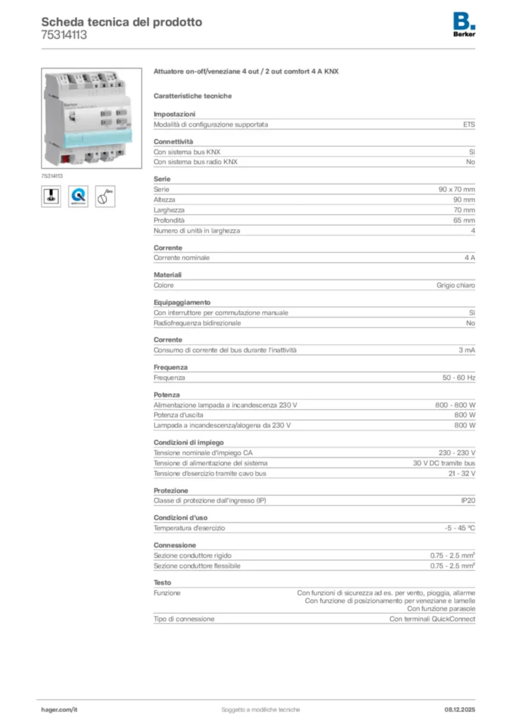 Immagine Berker Scheda tecnica del prodotto 75314113 | Hager Italia