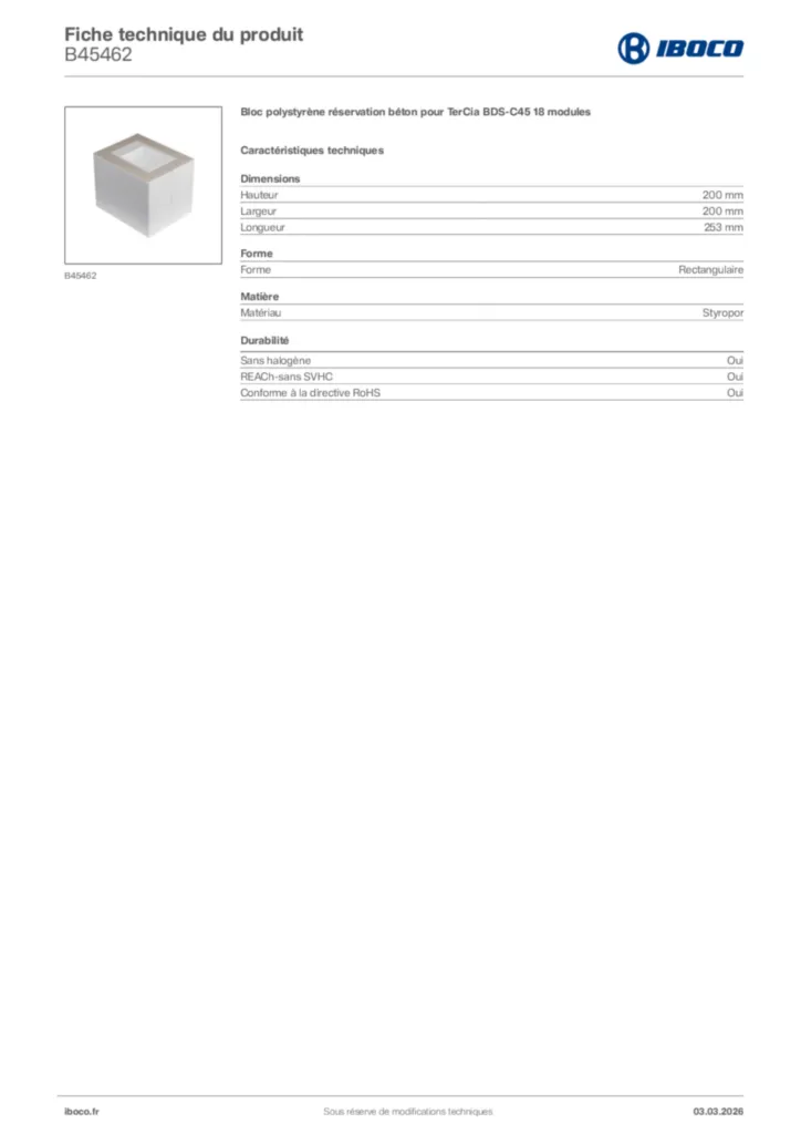 Image Iboco Fiche technique du produit B45462 | Hager France