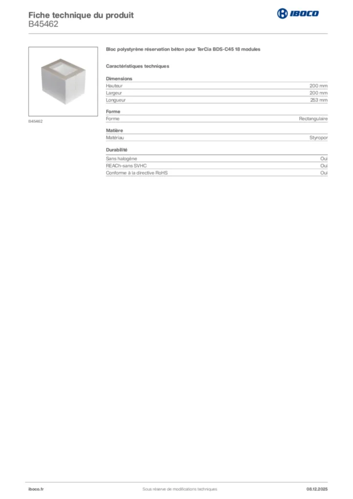 Image Iboco Fiche technique du produit B45462 | Hager France