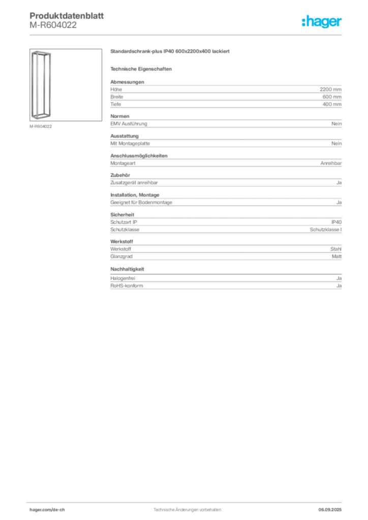 Bild Hager Produktdatenblatt M-R604022 | Hager Schweiz