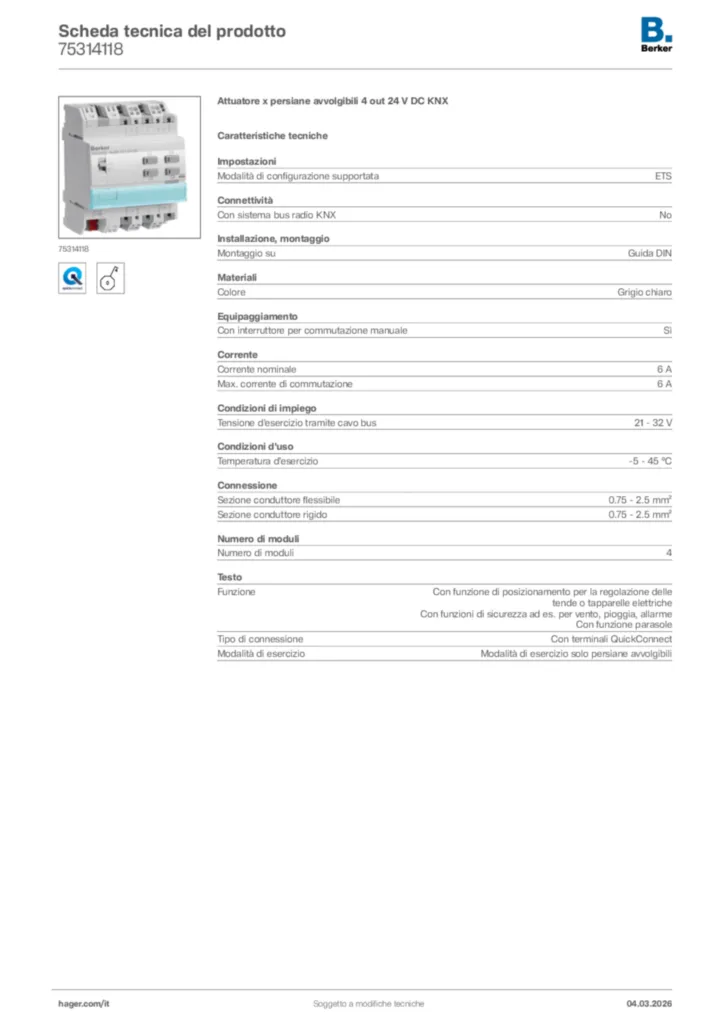 Immagine Berker Scheda tecnica del prodotto 75314118 | Hager Italia