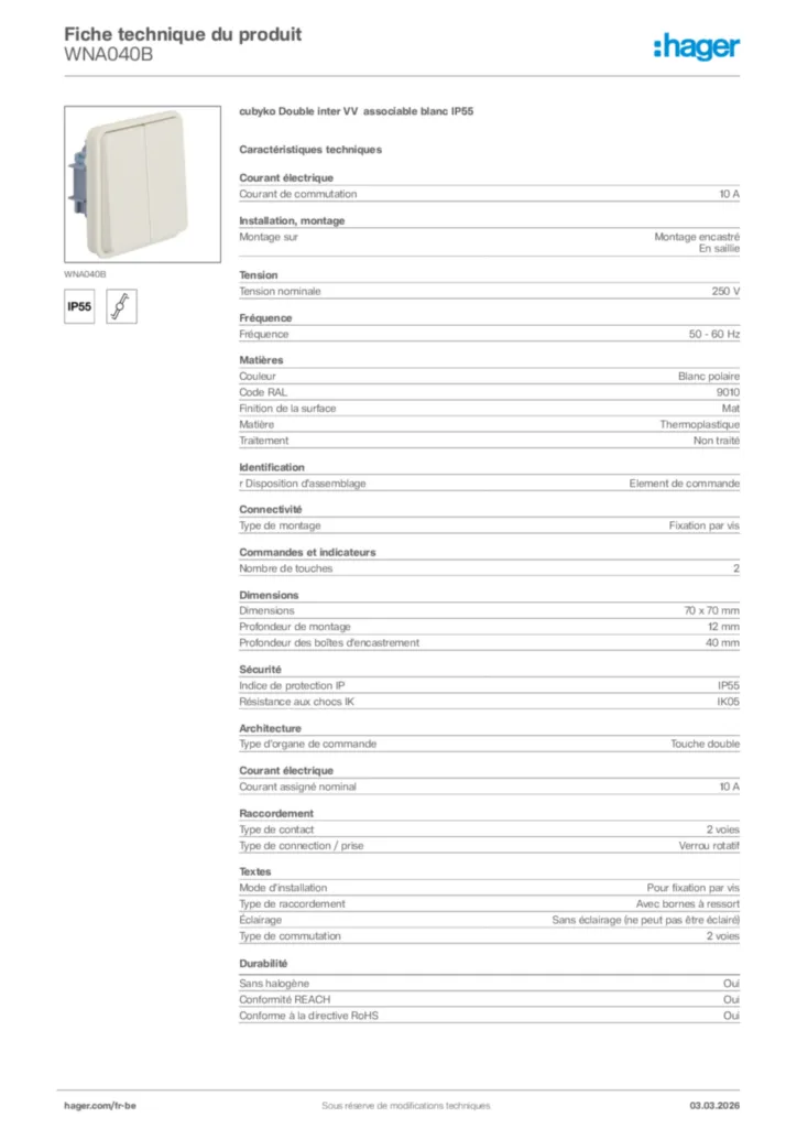 Image Hager Fiche technique du produit WNA040B | Hager Belgique