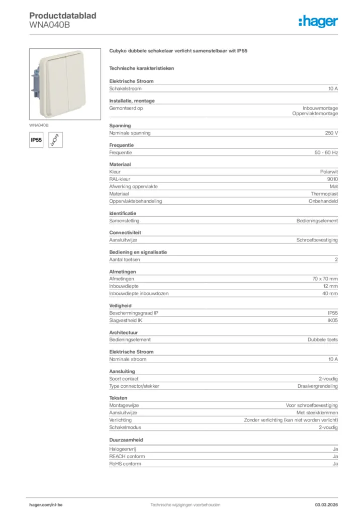 Afbeelding Hager Productdatablad WNA040B | Hager Belgium