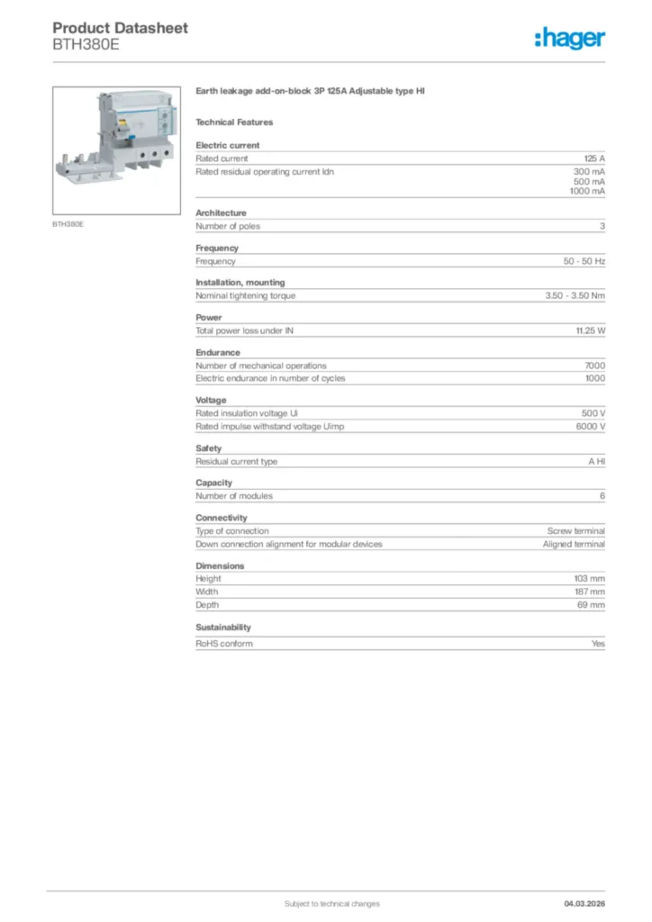 Image Hager Product data sheet BTH380E  | Hager Africa