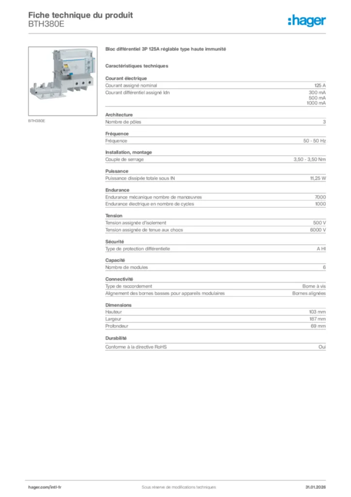 Image Hager Fiche technique du produit BTH380E | Hager Afrique