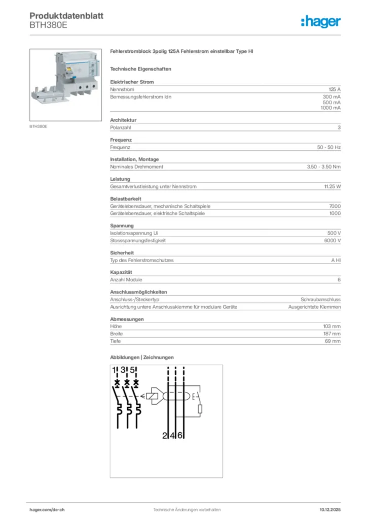 Bild Hager Produktdatenblatt BTH380E | Hager Schweiz