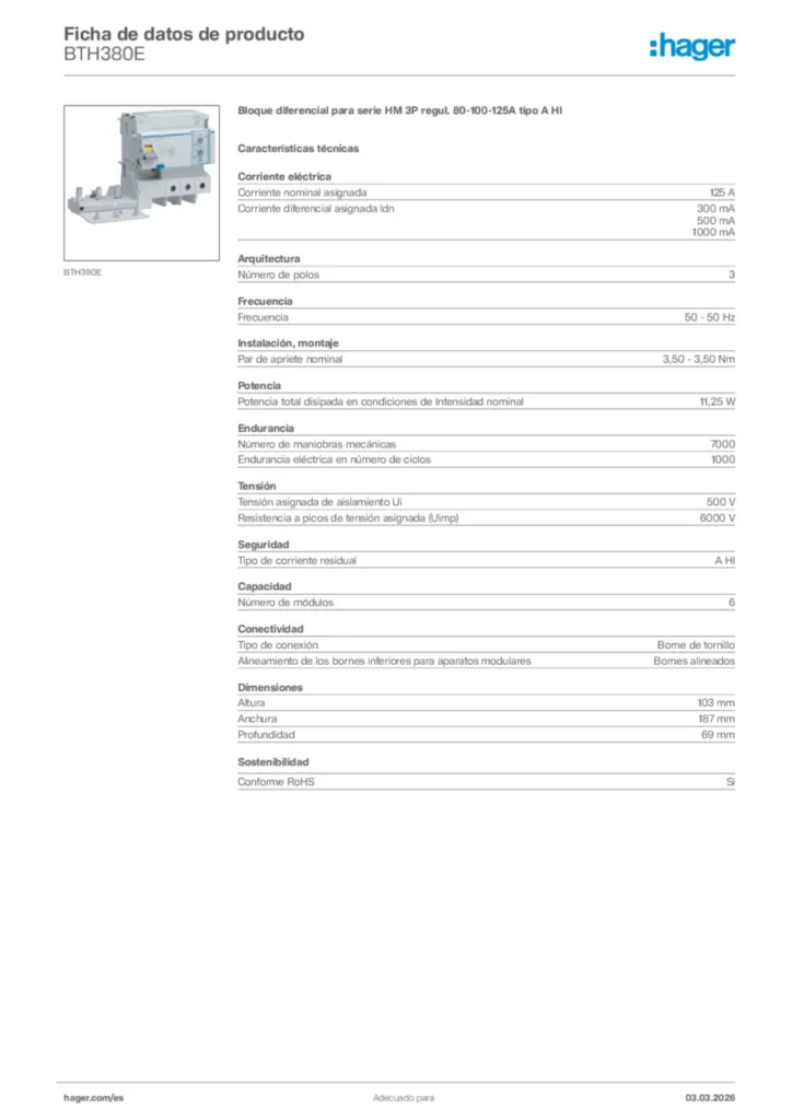 Imagen Hager Ficha de datos de producto BTH380E | Hager España