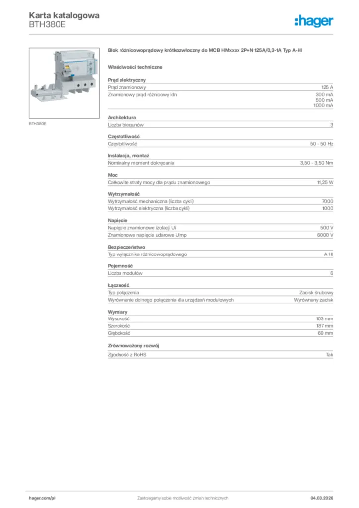 Zdjęcie Hager Karta katalogowa BTH380E | Hager Polska