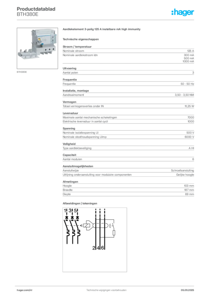 Afbeelding Hager Productdatablad BTH380E | Hager Nederland