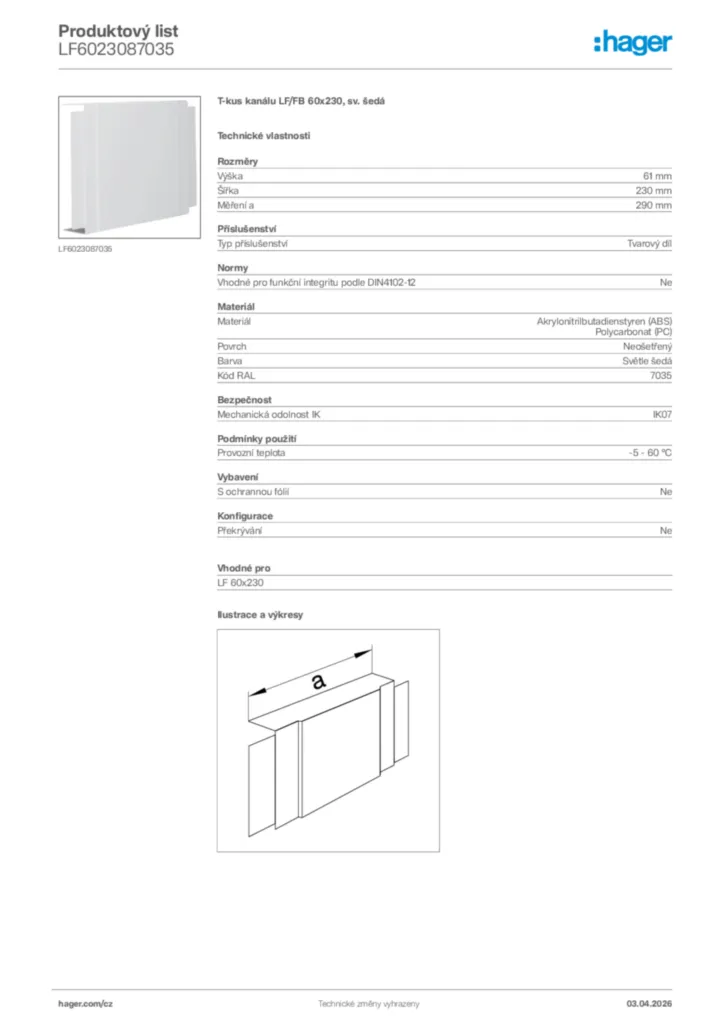 Obrázek Hager Product data sheet LF6023087035 | Hager