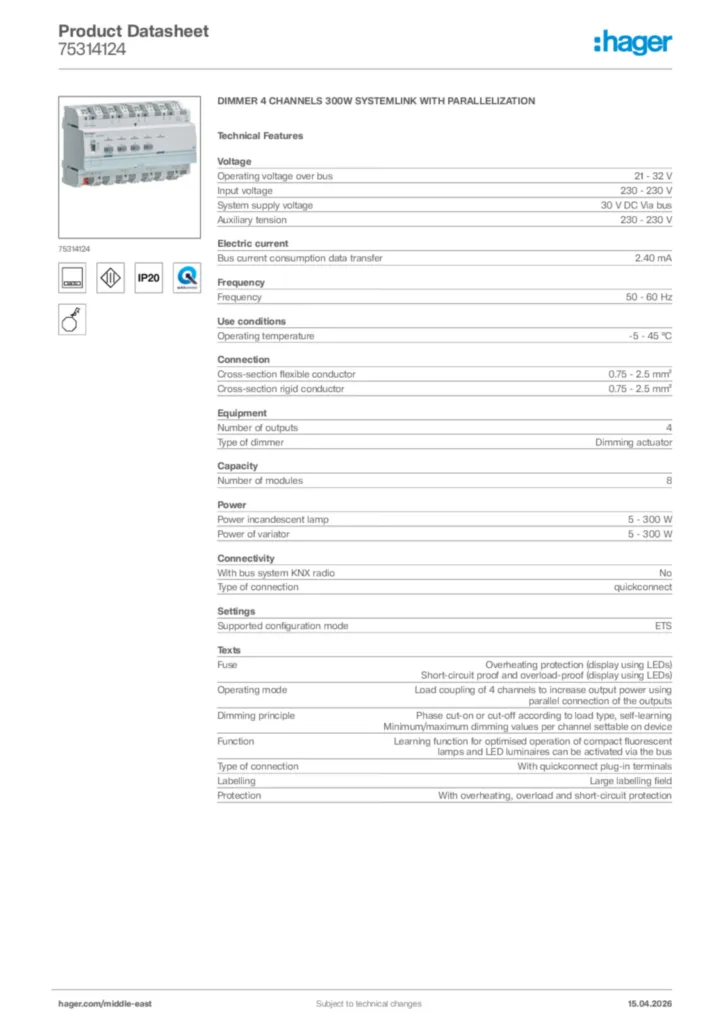 Image Hager Product data sheet 75314124  | Hager