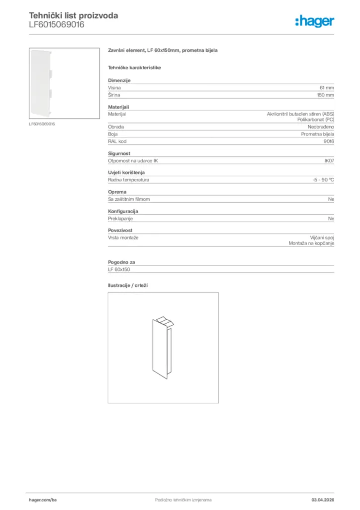 Slika Hager Tehnički list proizvoda LF6015069016  | Hager