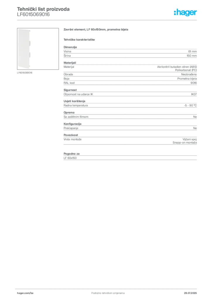 Slika Hager Product data sheet LF6015069016  | Hager