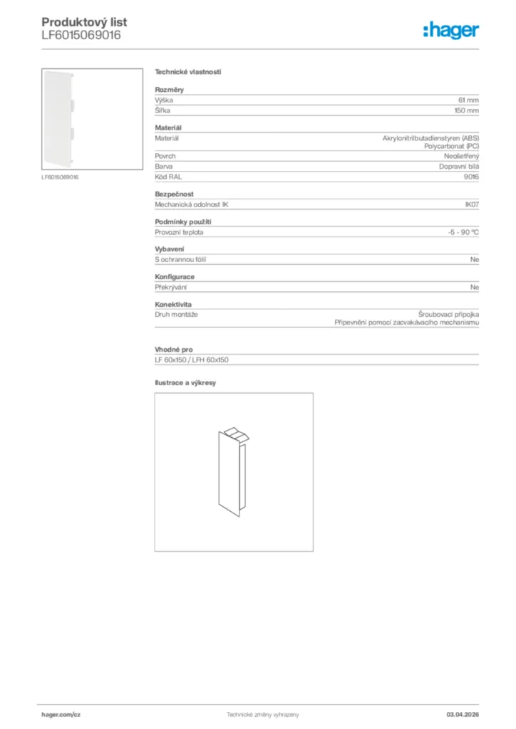 Obrázek Hager Product data sheet LF6015069016 | Hager