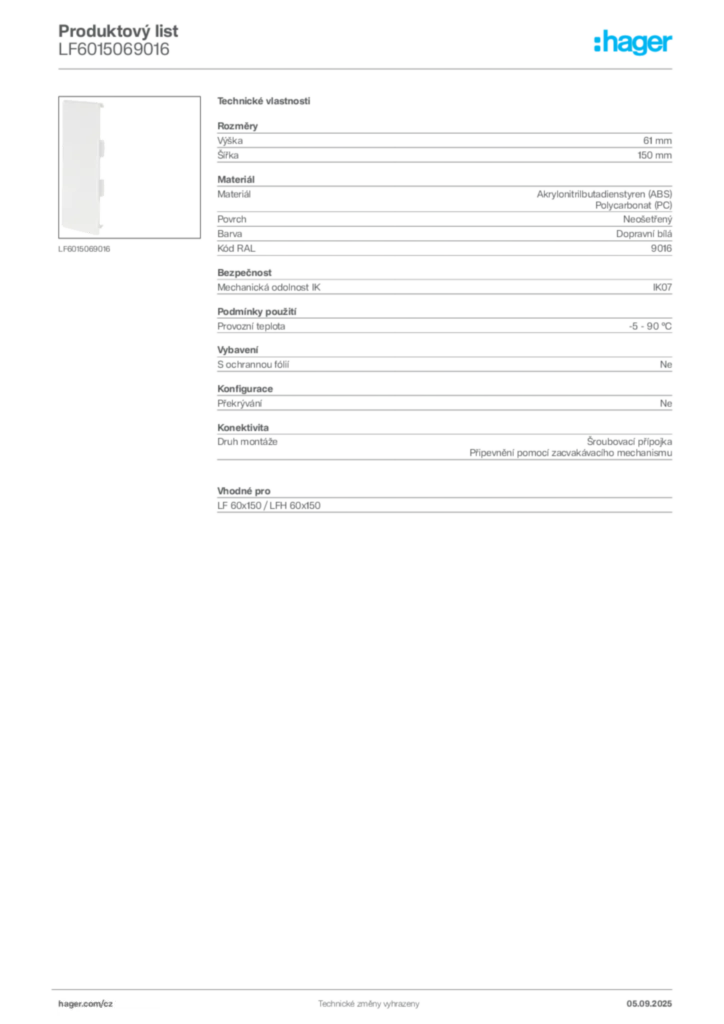 Obrázek Hager Produktový list LF6015069016 | Hager