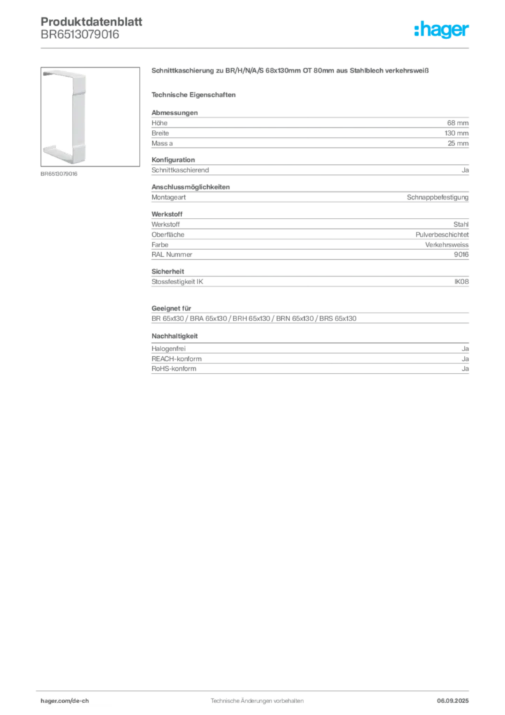 Bild Hager Produktdatenblatt BR6513079016 | Hager Schweiz
