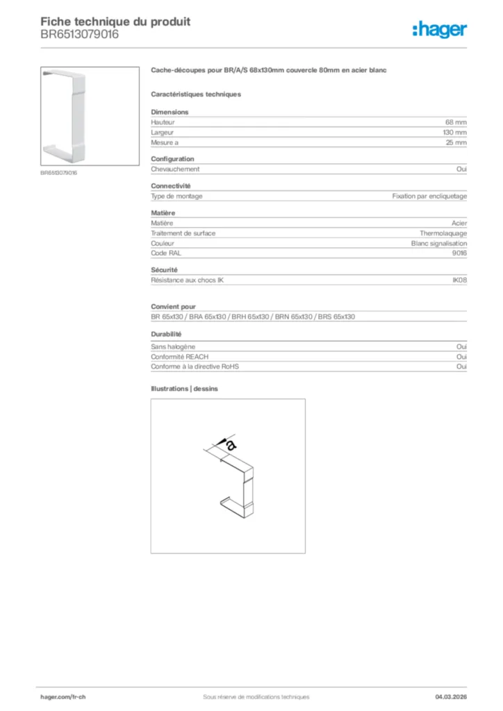 Image Hager Fiche technique du produit BR6513079016 | Hager Suisse