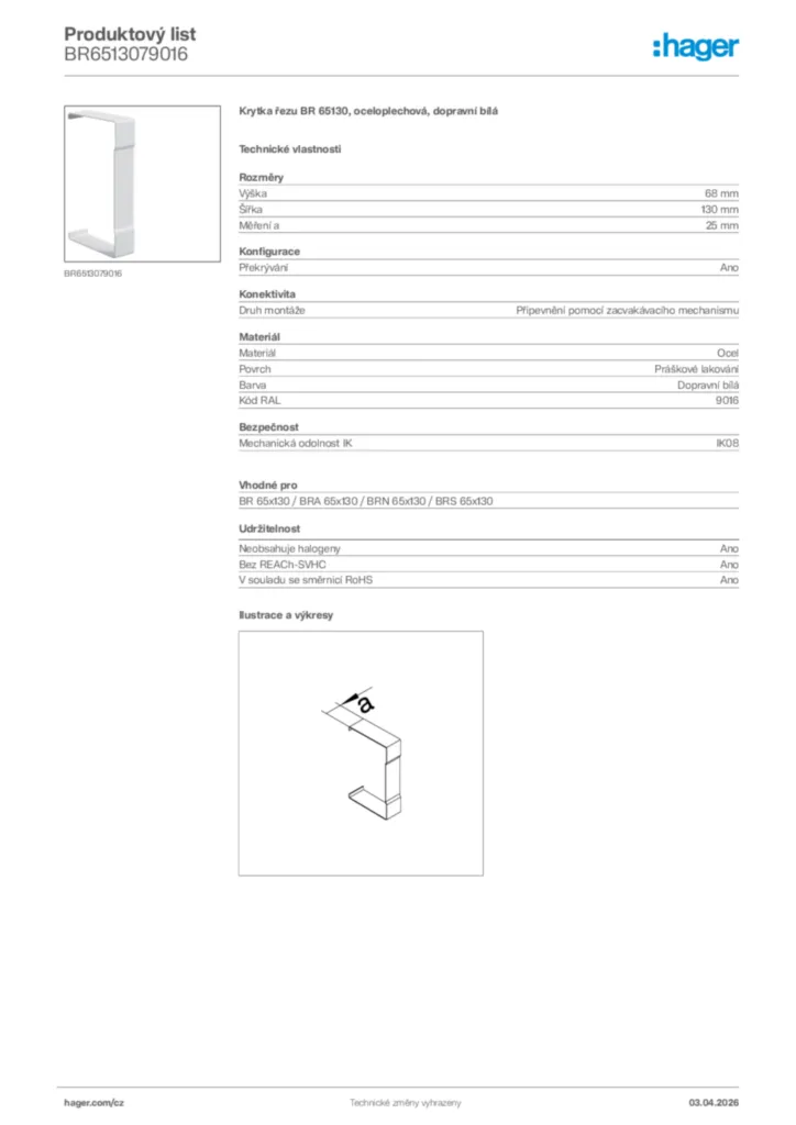 Obrázek Hager Product data sheet BR6513079016 | Hager