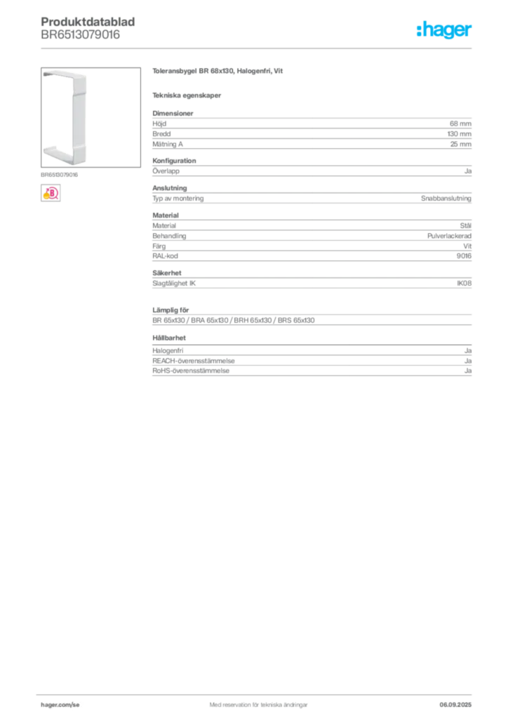 Bild Hager Produktdatablad BR6513079016 | Hager Sverige