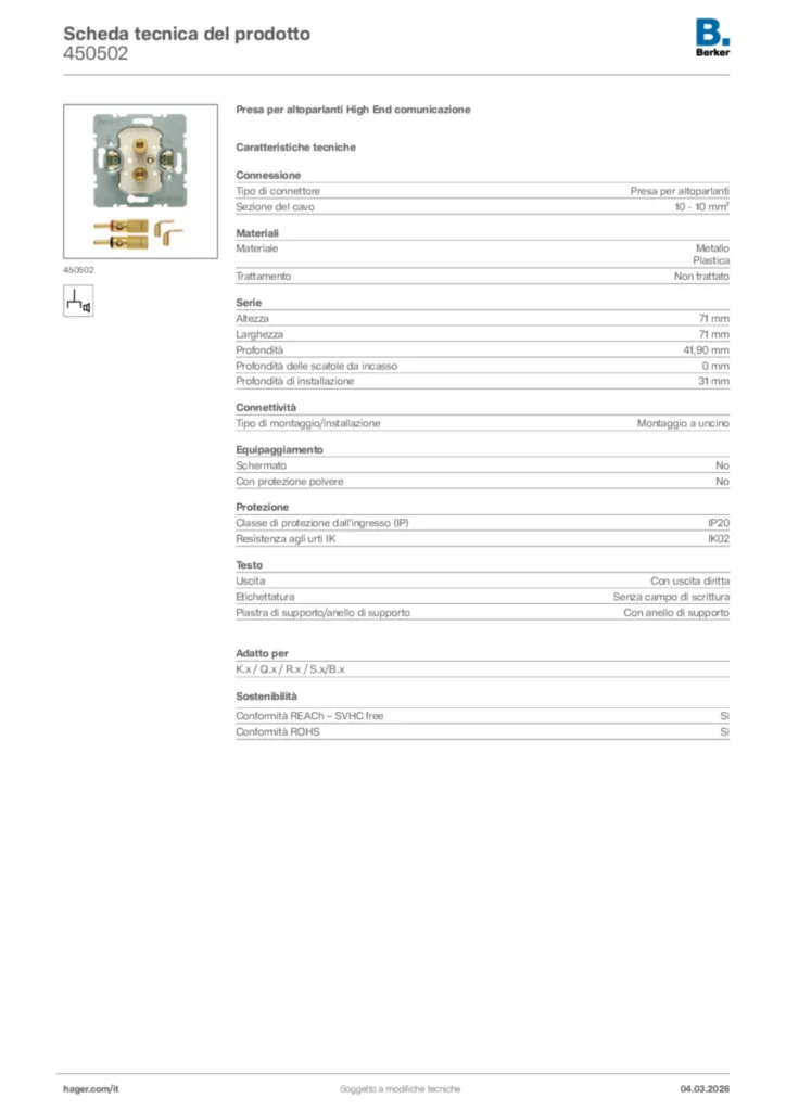 Immagine Berker Scheda tecnica del prodotto 450502 | Hager Italia