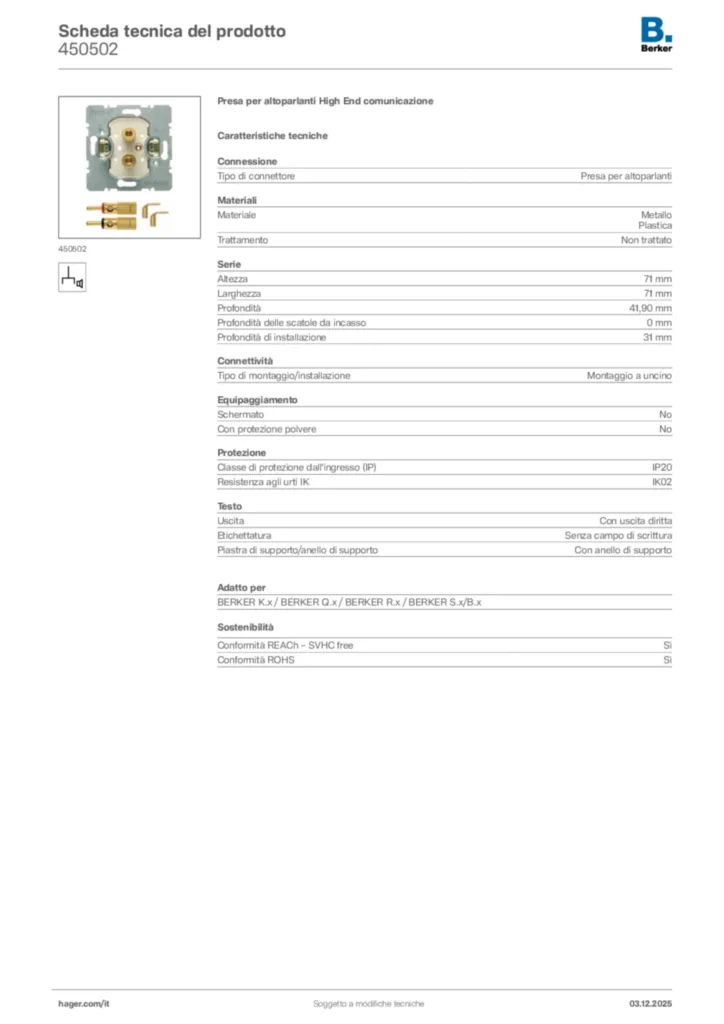 Immagine Berker Scheda tecnica del prodotto 450502 | Hager Italia