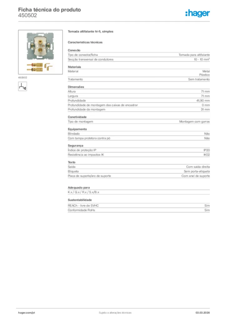 Imagem Hager Ficha técnica do produto 450502 | Hager Portugal