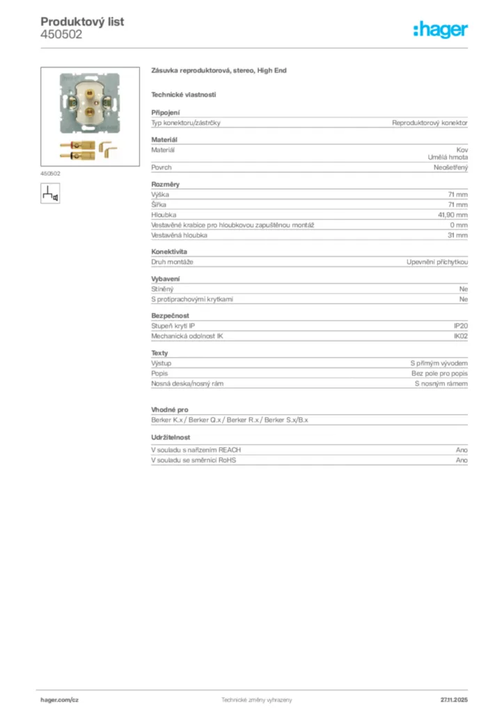 Obrázek Hager Product data sheet 450502 | Hager