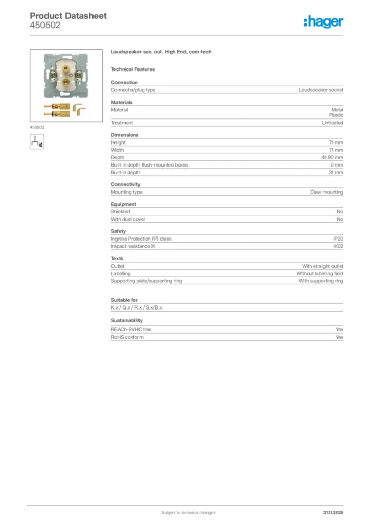 Image Hager Product data sheet 450502  | Hager