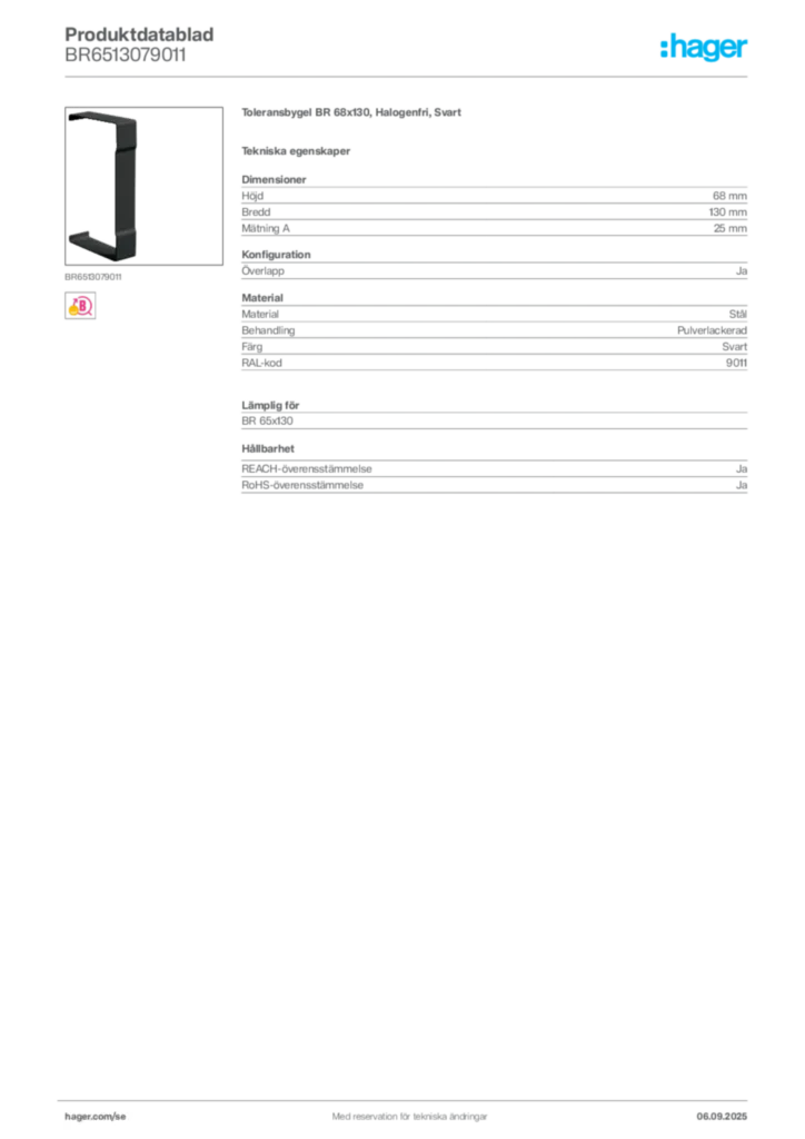 Bild Hager Produktdatablad BR6513079011 | Hager Sverige