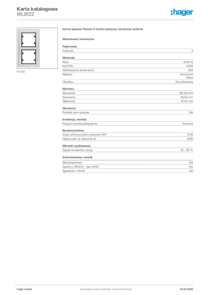 Zdjęcie Hager Karta katalogowa WL9122 | Hager Polska