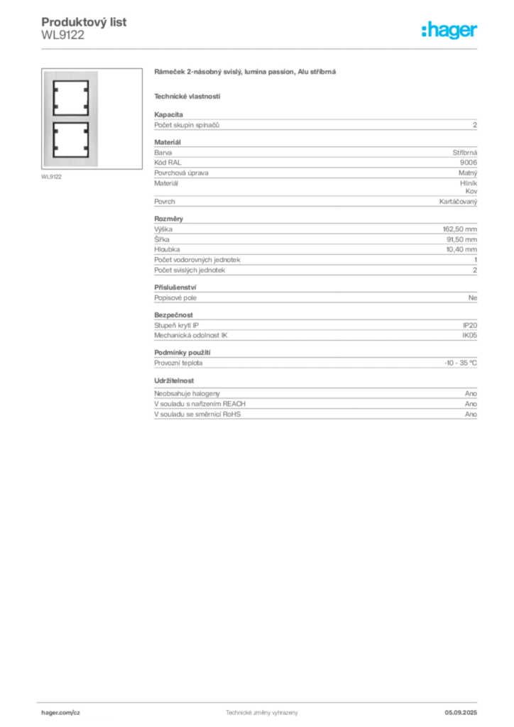 Obrázek Hager Produktový list WL9122 | Hager