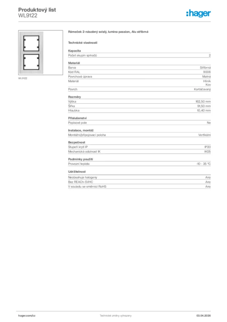 Obrázek Hager Product data sheet WL9122 | Hager