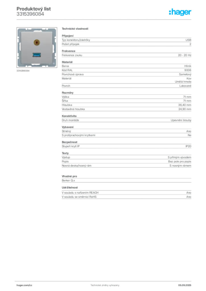 Obrázek Hager Produktový list 3315396084 | Hager