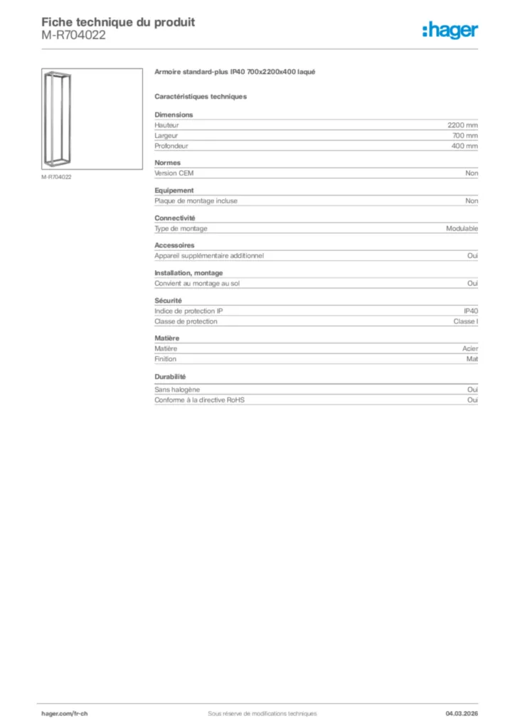 Image Hager Fiche technique du produit M-R704022 | Hager Suisse