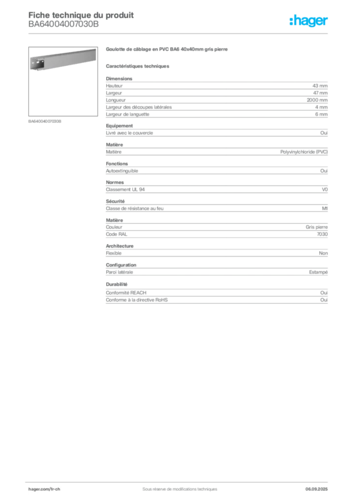 Image Hager Fiche technique du produit BA64004007030B | Hager Suisse