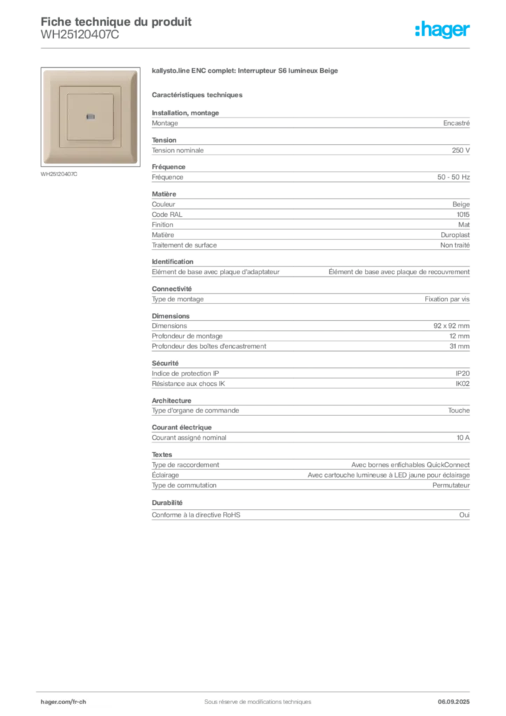 Image Hager Fiche technique du produit WH25120407C | Hager Suisse