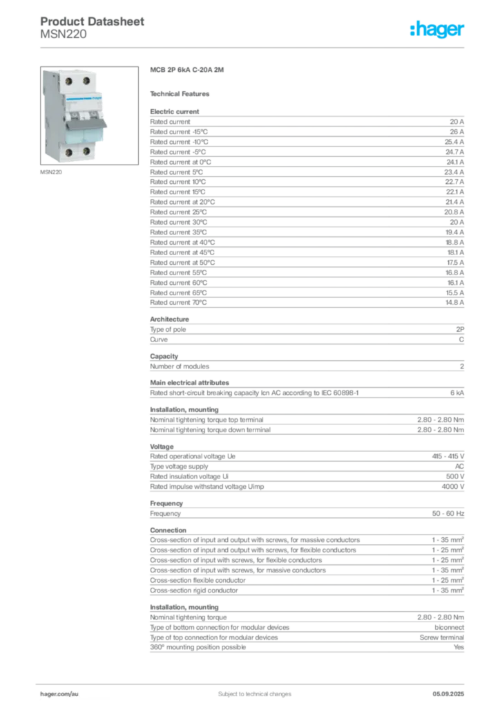 Image Hager Product data sheet MSN220  | Hager Australia