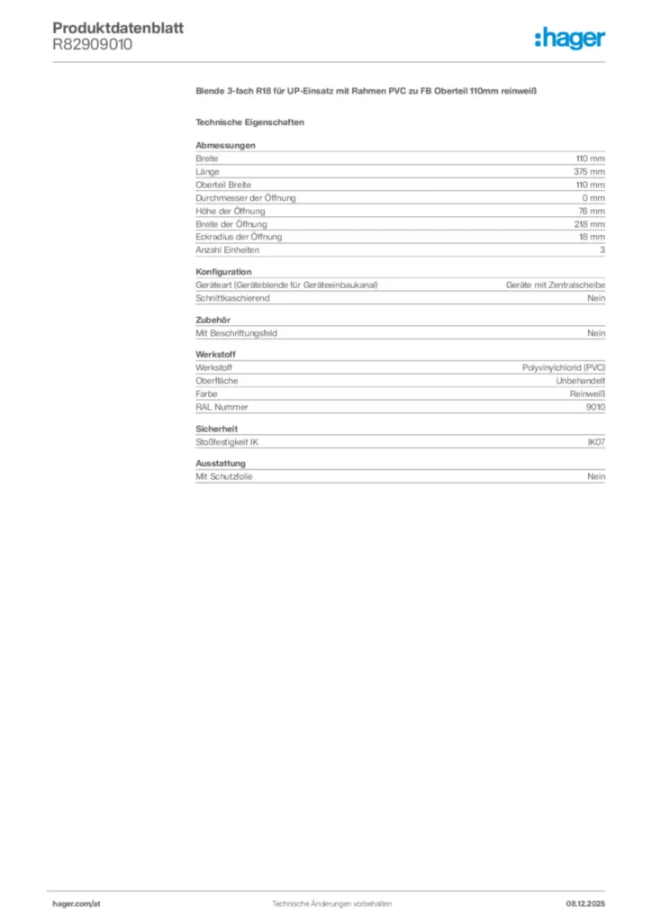 Bild Hager Produktdatenblatt R82909010 | Hager Deutschland