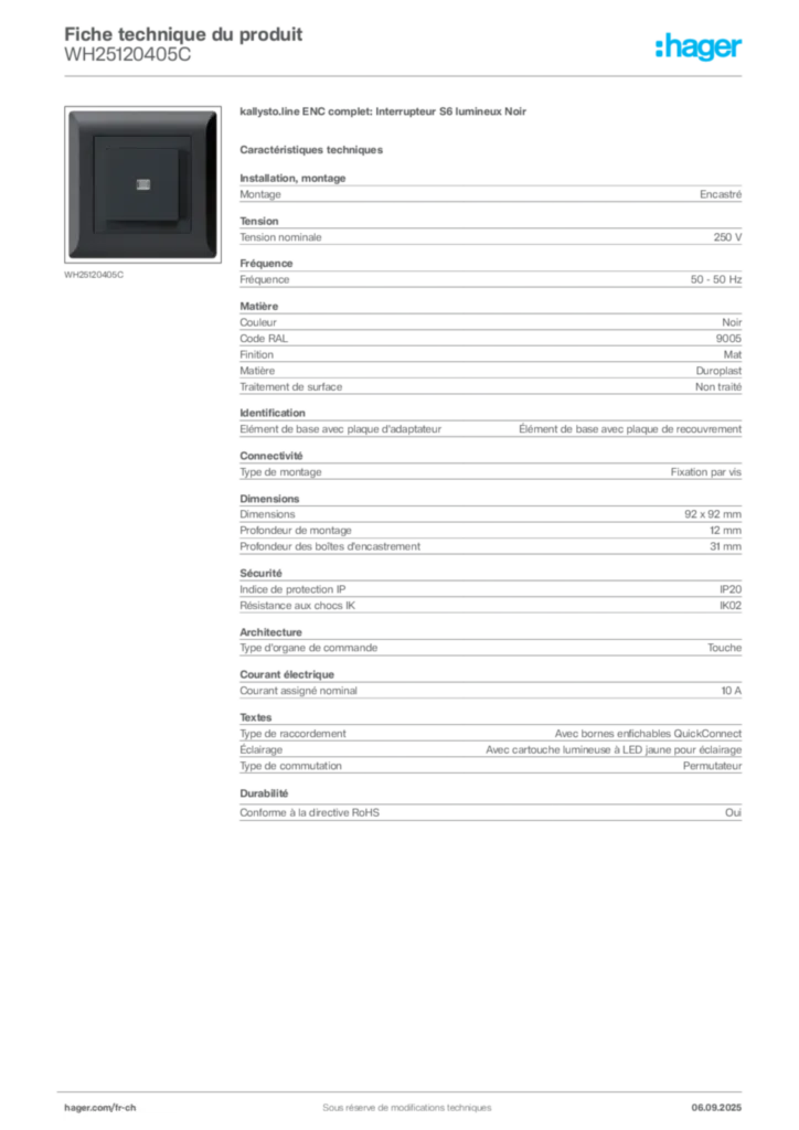Image Hager Fiche technique du produit WH25120405C | Hager Suisse