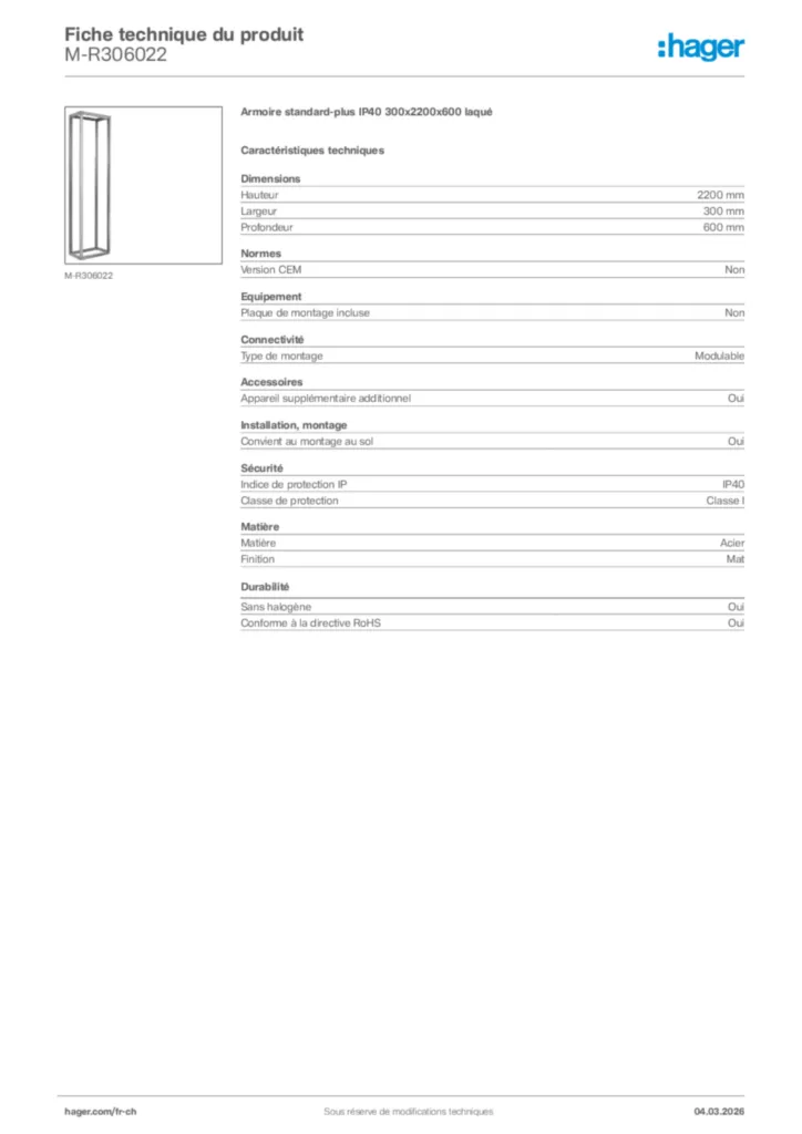 Image Hager Fiche technique du produit M-R306022 | Hager Suisse