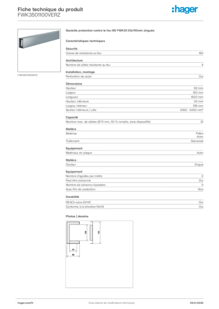 Image Hager Fiche technique du produit FWK3501100VERZ | Hager France
