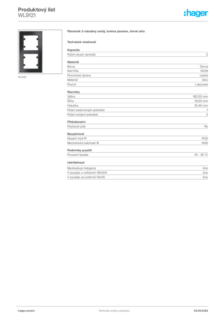 Obrázek Hager Produktový list WL9121 | Hager