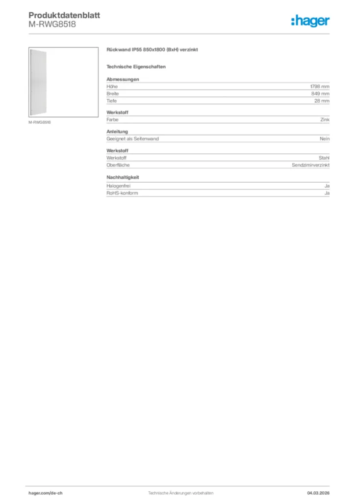 Bild Hager Produktdatenblatt M-RWG8518 | Hager Schweiz