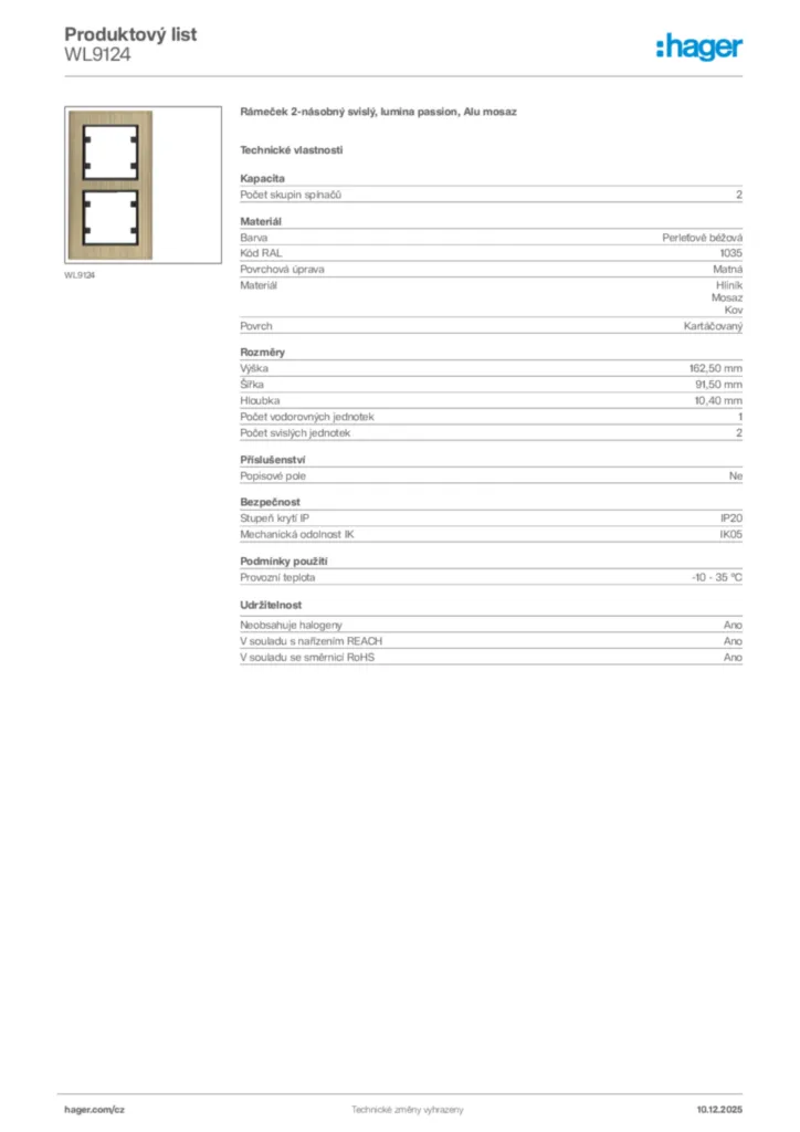 Obrázek Hager Produktový list WL9124 | Hager