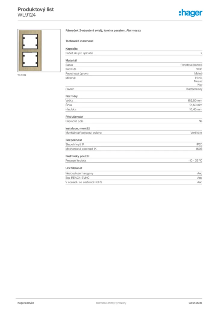Obrázek Hager Product data sheet WL9124 | Hager
