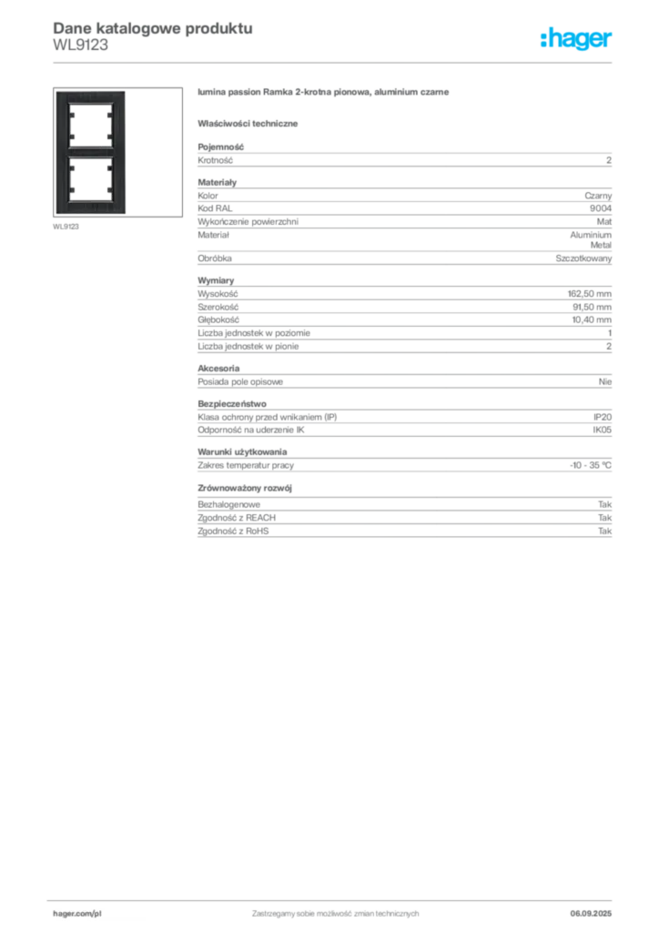 Zdjęcie Hager Dane katalogowe produktu WL9123 | Hager Polska