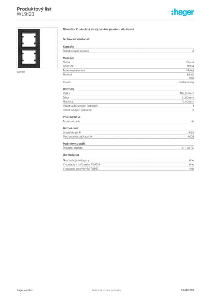 Obrázek Hager Produktový list WL9123 | Hager