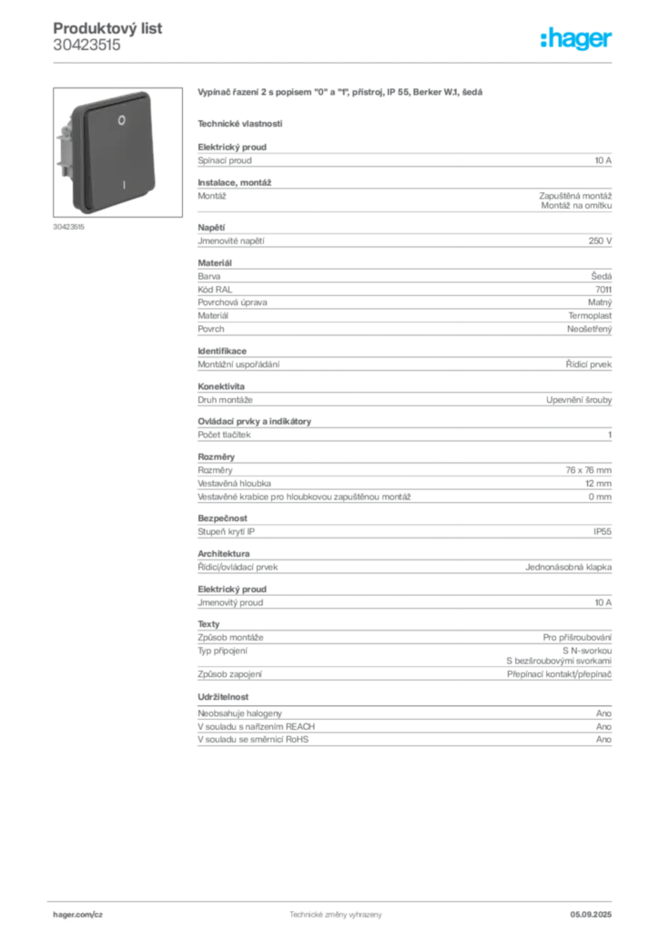 Obrázek Hager Produktový list 30423515 | Hager