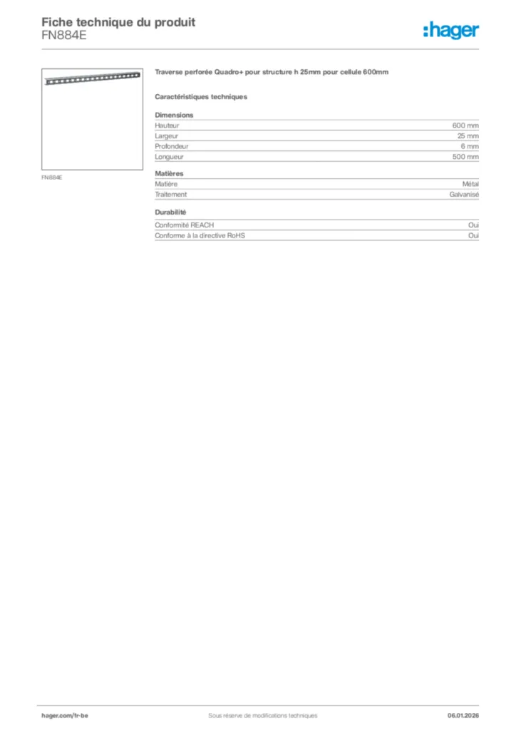 Image Hager Fiche technique du produit FN884E | Hager Belgique