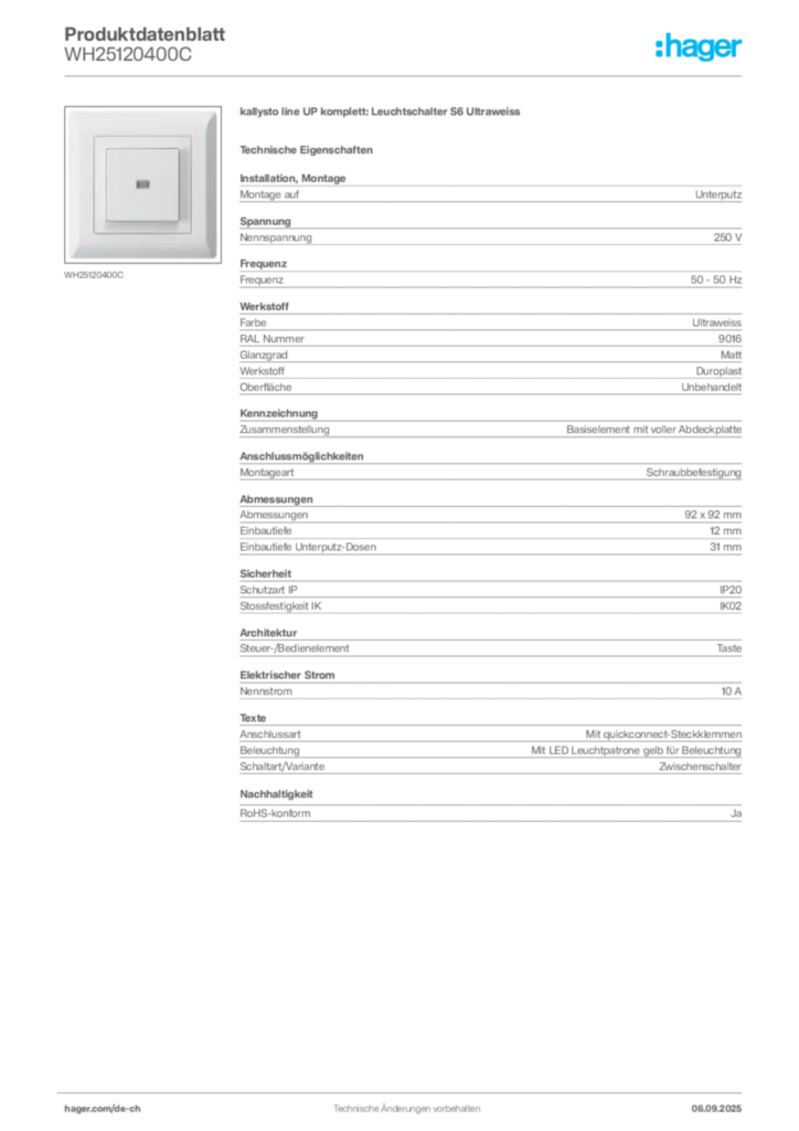 Bild Hager Produktdatenblatt WH25120400C | Hager Schweiz